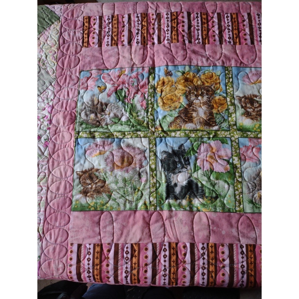 Homemade Quilt Top with Kittens Multi Colored Quilt 60"x 72"  Flower Swirls